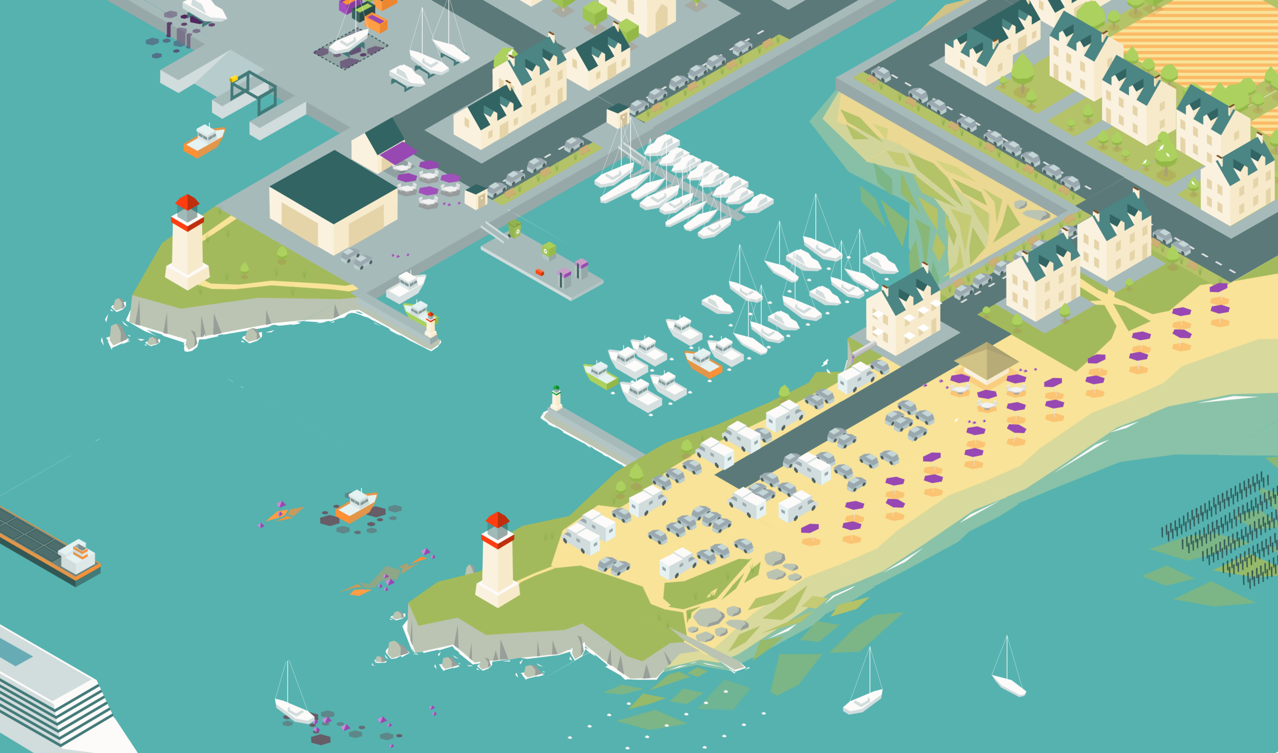 Un paysage de bord de mer vu en 3D isométrique, avec un port, un chantier naval, des plages et beaucoup de détails.