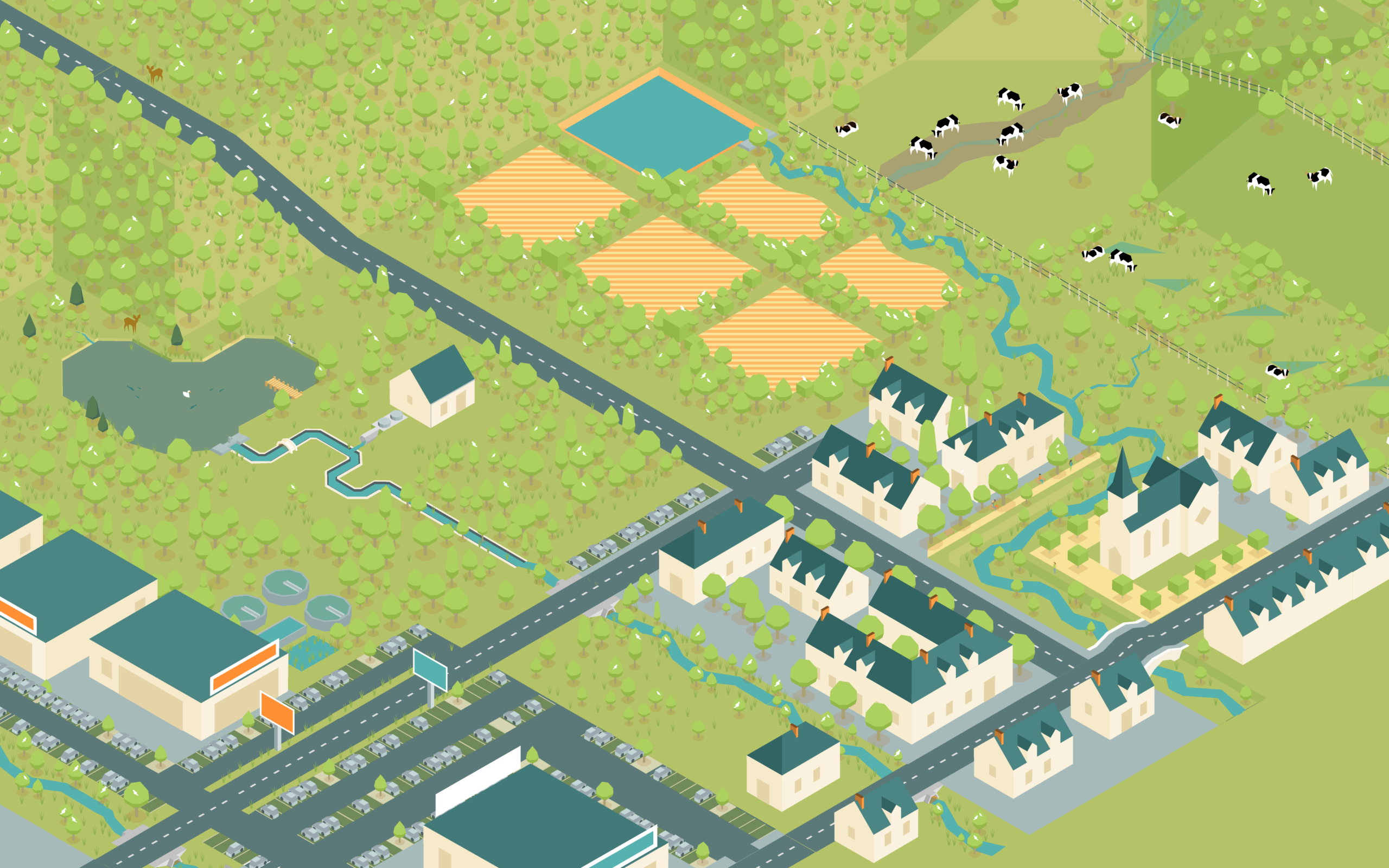 Un paysage de tête de bassin versant en 3D isométrique avec des forêts, un village, des bocages.